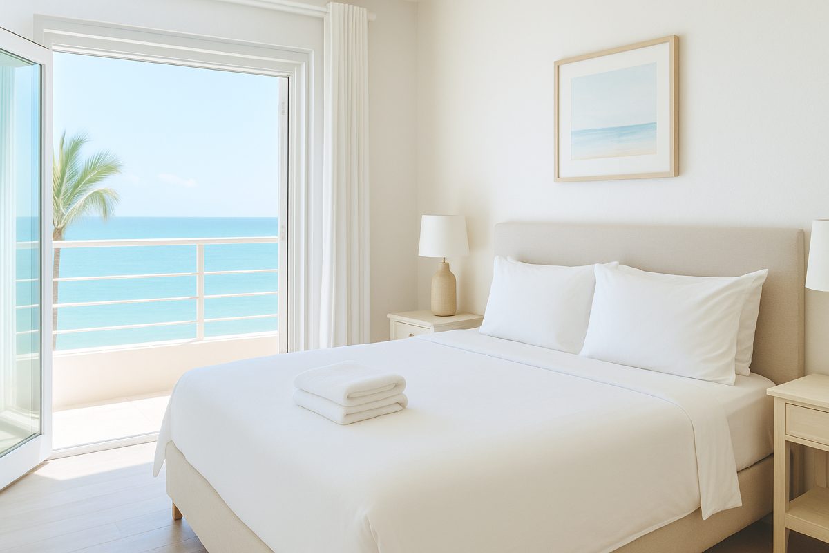 Bright, pristine bedroom with open doors and ocean view